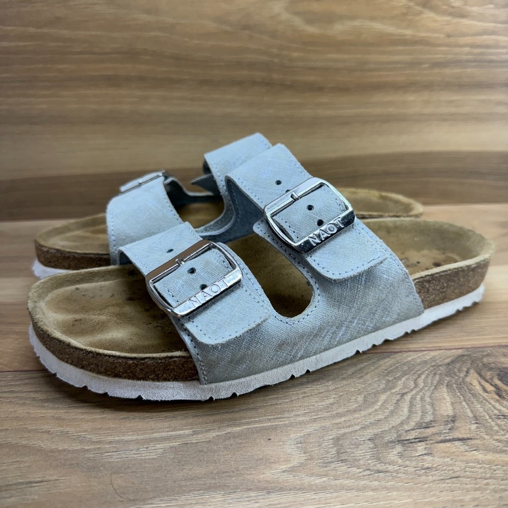 NAOT Arizona Slide Sandals Womens 6 EU 37 Silver Gray Leather Slip On